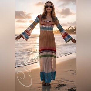 Casual Bohemian Crochet Long Sleeves Color Block Swimsuit Coverup Midi Dress
